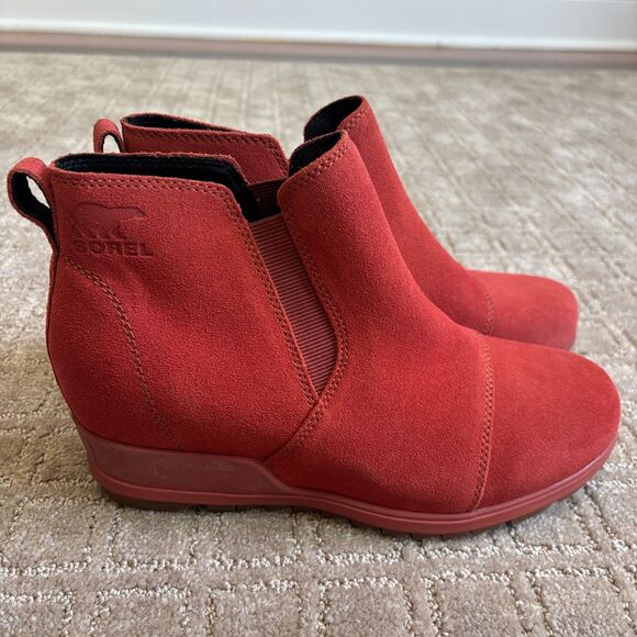 Sorel Evie Pull On Bootie Women's 9.5 Rust Red Waterproof Suede Wedge Ankle EUC - Picture 2 of 10
